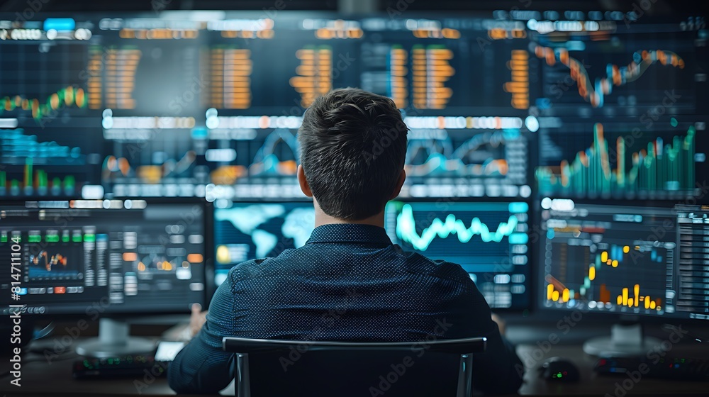 Businessman watching over computer screens for livestock trading values Businessman watching over computer screens for livestock trading values