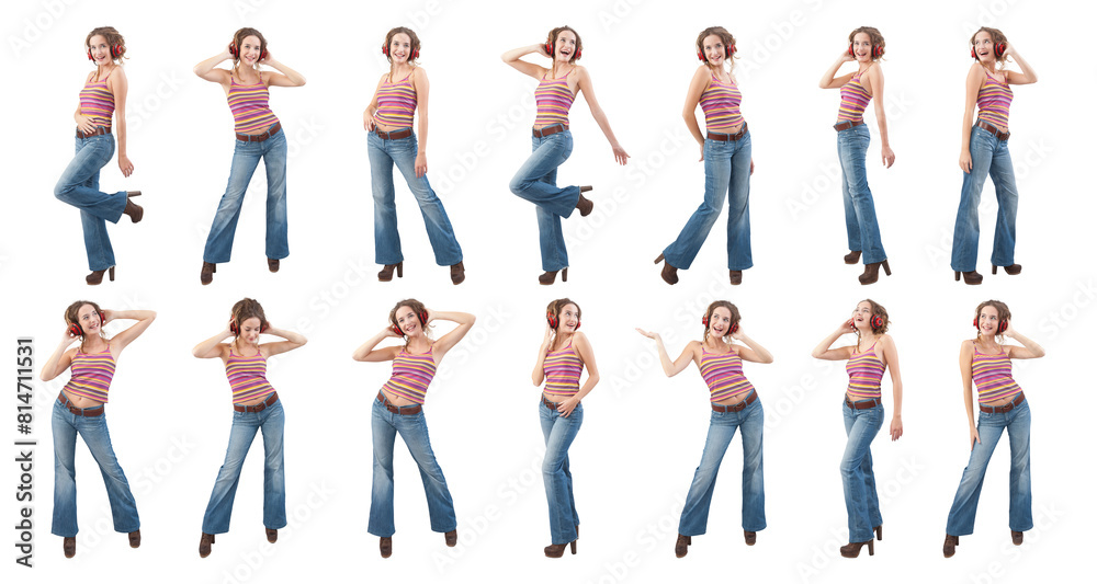 Collage set of happy young woman who is listening to music through red headphones, dancing and singing, isolated on a white background Collage set of happy young woman who is listening to music through red headphones, dancing and singing, isolated on a white background