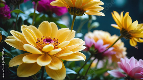 Yellow and pink flowers bouquet. Dhalias. Close up, macro, revealing beauty in small details. Decoration, botanical concepts. photo