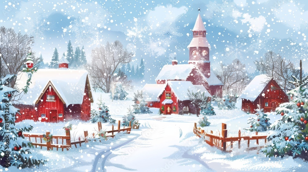 Charming winter village scene with snow-covered houses, ideal for holiday season content and cards. Charming winter village scene with snow-covered houses, ideal for holiday season content and cards.