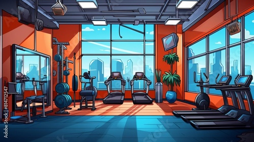 Luxury fitness studio flat design side view elite training facilities theme cartoon drawing Analogous Color Scheme