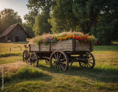 Enjoy the rustic charm of a countryside wagon filled with hay bales and flowers.