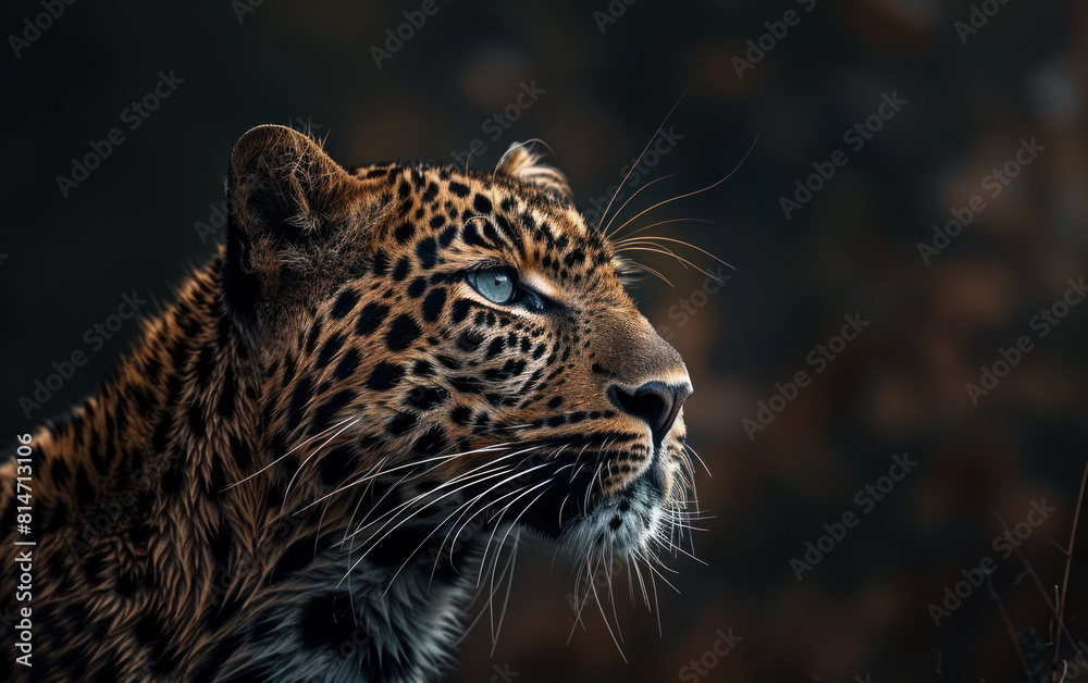 Close up face and head profile portrait photo of a leopard Panthera pardus endangered wildlife photography