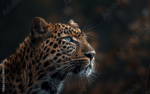 Close up face and head profile portrait photo of a leopard Panthera pardus endangered wildlife photography