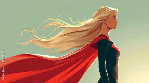 A heroic female superhero in a red cape. 