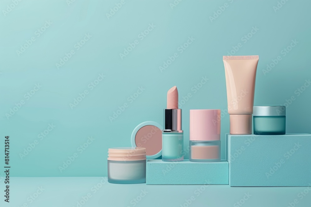 A row of cosmetics on a blue background, free space for text A row of cosmetics on a blue background, free space for text