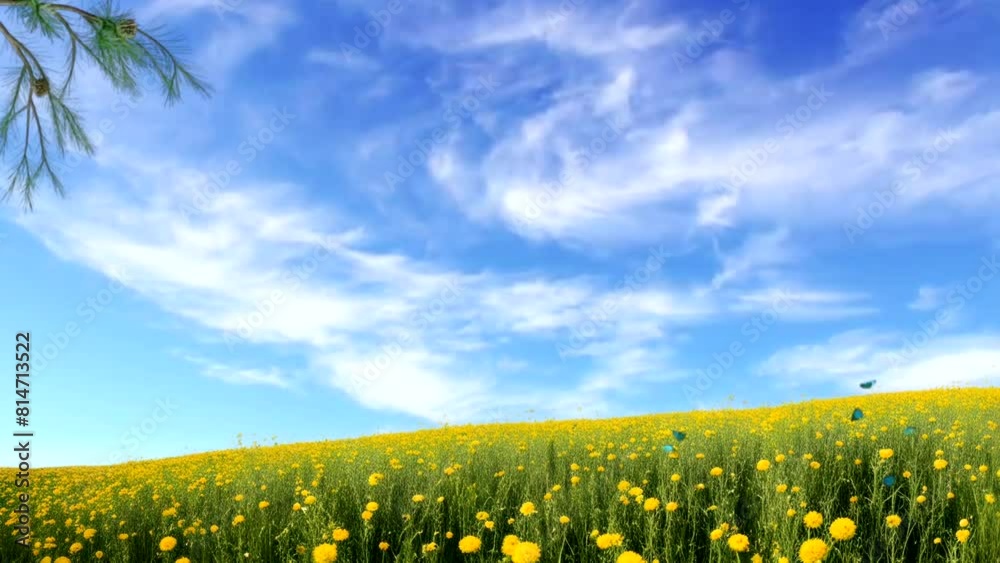 field of yellow flowers with butterflies on blue sky background