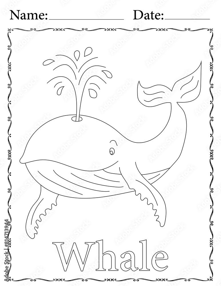 Fototapeta premium Whale Coloring Page. Printable Coloring Worksheet for Kids. Educational Resources for School and Preschool.