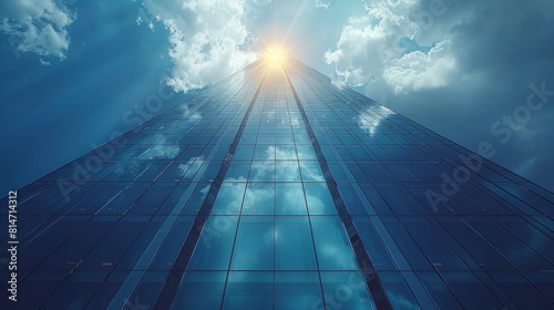 Wide-Angle View of a Modern Glass Building Facade Reflecting the Sunset