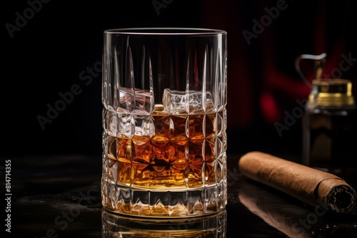 Classic whiskey on the rocks in a cut glass tumbler, with a cigar and decanter in the back