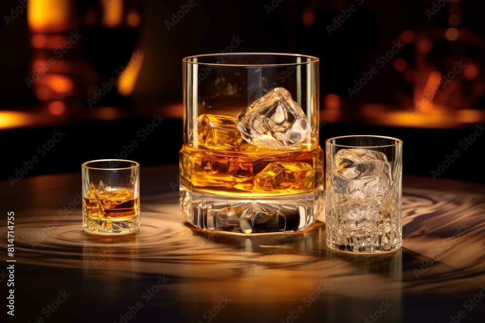 Trio of whiskey glasses with ice cubes placed on a polished wooden table, warmly lit ambiance Trio of whiskey glasses with ice cubes placed on a polished wooden table, warmly lit ambiance