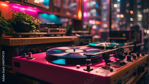 Turntable with vinyl record in colorful room