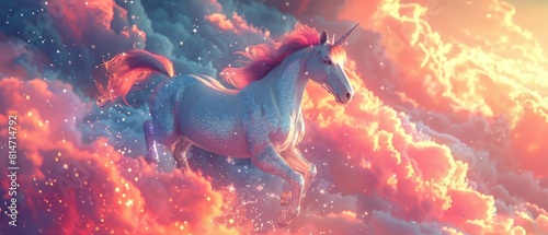 A fantastical 3D rendered unicorn with a sparkling ponytail, galloping across a dreamy sky scattered with starshaped clouds photo