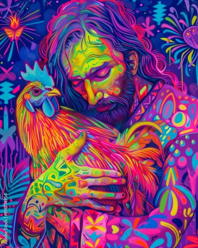 Vibrant Abstract Portrait of a Spiritual Figure with a Rooster Generative AI © Stefan