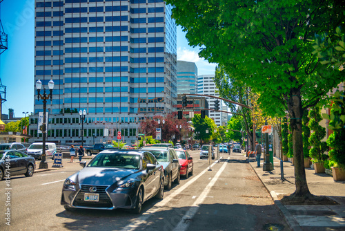 Portland  Oregon - August 18  2017  City streets and buildings on a sunny summer day
