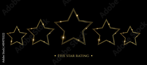Five gold stars rating. Vector illustration frame star on black background. 5 stars quality icon service for restaurant, hotel, casino, award