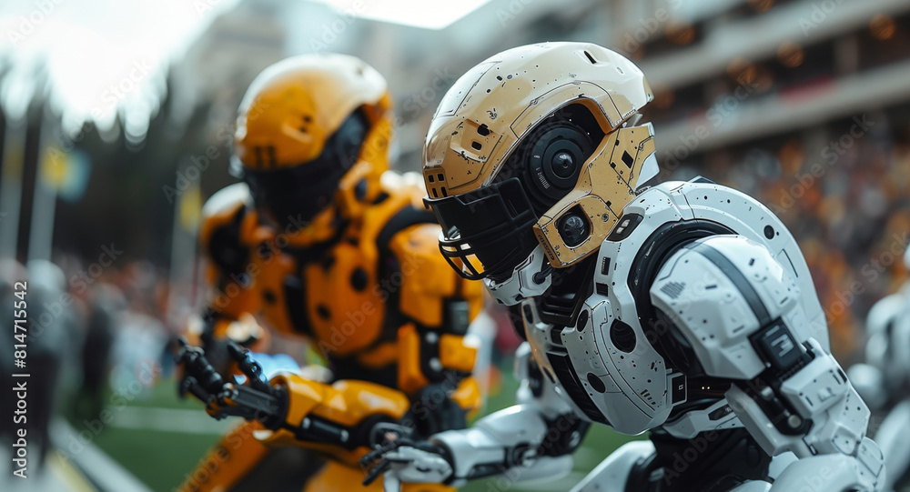 Fototapeta premium Two robots are positioned on a football field, ready for action in a technological sporting event.