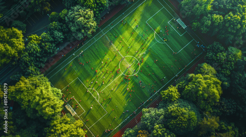 An overhead perspective of a soccer field surrounded by lush trees, showcasing the green pitch against a backdrop of dense foliage. photo