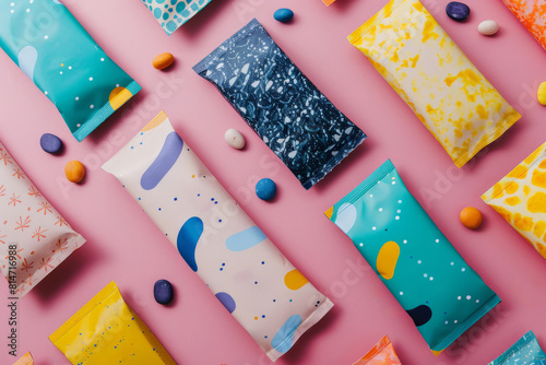 Overhead flat lay view of energy protein bar or chocolate bar snack packaging template design