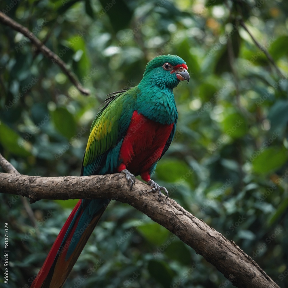 A rare sighting of a colorful quetzal perched on a branch.

