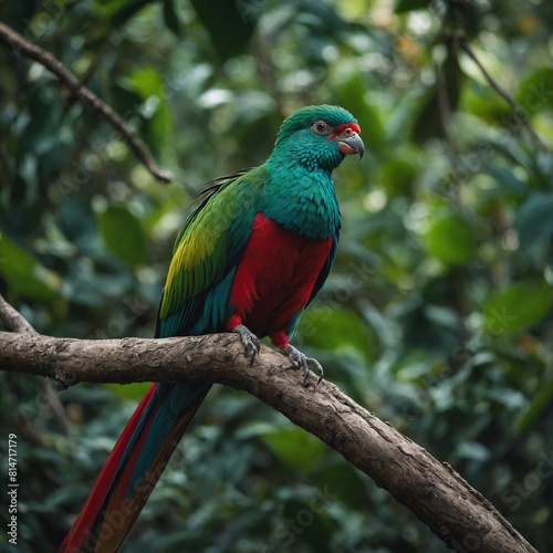 A rare sighting of a colorful quetzal perched on a branch.