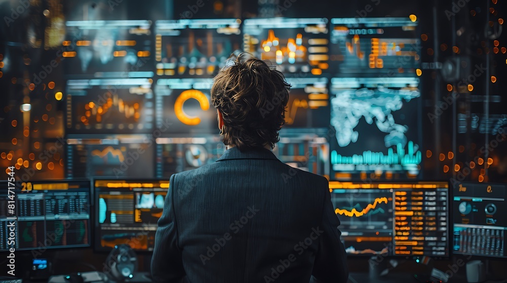 Businessman watching over computer screens for livestock trading values Businessman watching over computer screens for livestock trading values