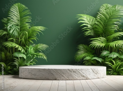 Product background, light marble pedestal and tropical plants in the background 