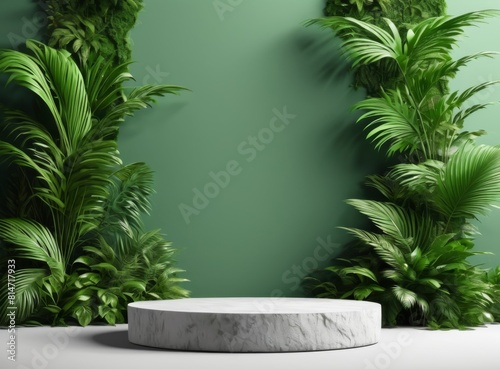 Product background  light marble pedestal and tropical plants in the background 