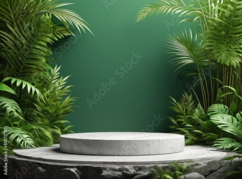 Product background  light marble pedestal and tropical plants in the background 