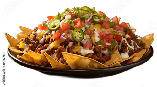 A Tex-Mex loaded nachos platter with a transparent background.
