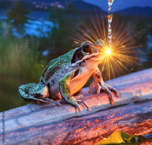 a frog sits on a log with the sun shining behind him.