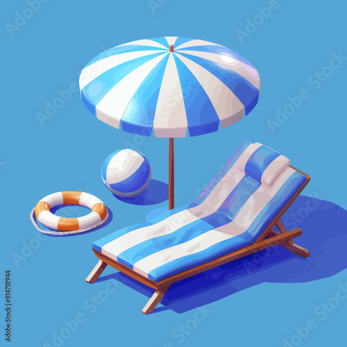 a blue and white beach chair and a life preserver