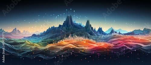 Data Visualization Landscape A mountainous landscape constructed from dots, with varying heights and colors representing data sets, charts, and graphs