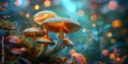 A painting of mushrooms in a forest
