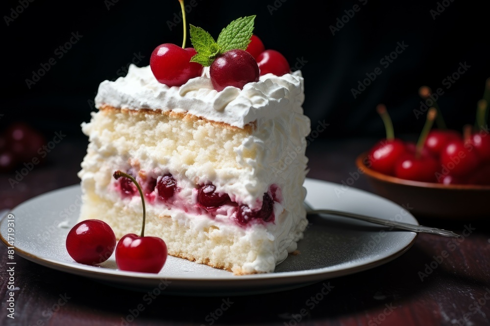 Slice of cherry cream cake garnished with fresh cherries and mint on a dark background Slice of cherry cream cake garnished with fresh cherries and mint on a dark background
