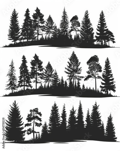 A variety of pine trees in a forest. The trees are of different heights and have different shapes. photo