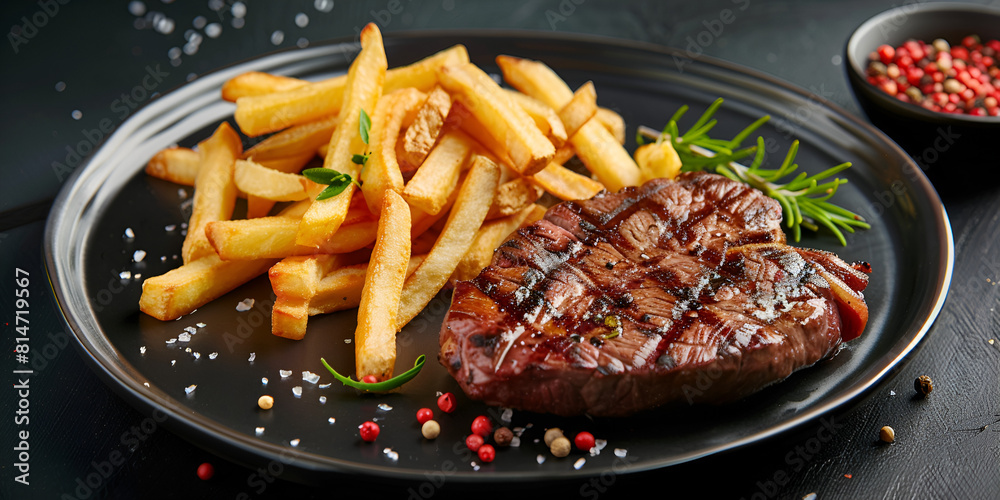 grilled meat with french fries on wooden board