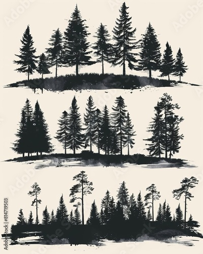 A set of three hand-drawn pine tree silhouettes