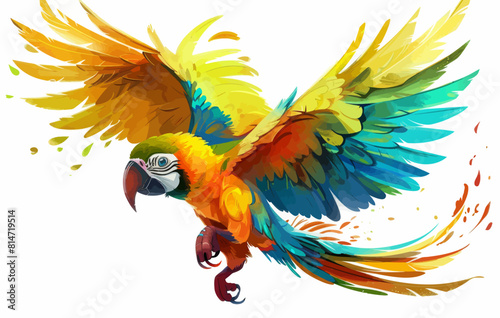 a colorful parrot flying through the air with its wings spread