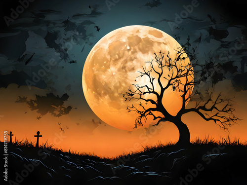 halloween background with moon. moon, night, sky, tree, dark, halloween, full, sunset, nature, silhouette, landscape, light, cloud, sun, star,Ai generated 