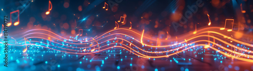 Melody flowing music wave abstract background showing colourful music notes which are musical notation symbols, stock illustration image
