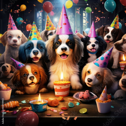 cute dogs with party hats and birthday cupcake