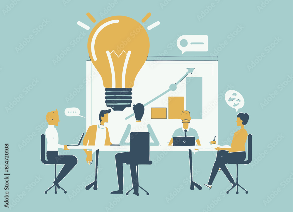 a group of people sitting around a table with a light bulb above them a group of people sitting around a table with a light bulb above them