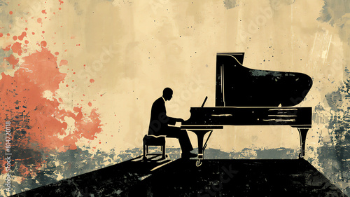 Male jazz or classical musician pianist playing a piano in a vintage abstract distressed style painting background for a poster or flyer, stock illustration image photo