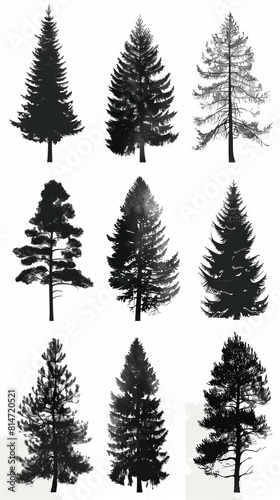 A collection of hand-drawn pine tree silhouettes