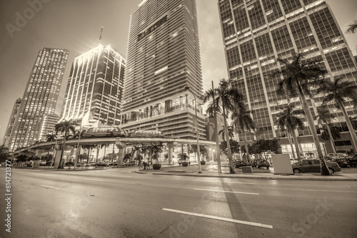 Downtown Miami buildings at sunset from Biscayne Boulevard and Bayfront Park