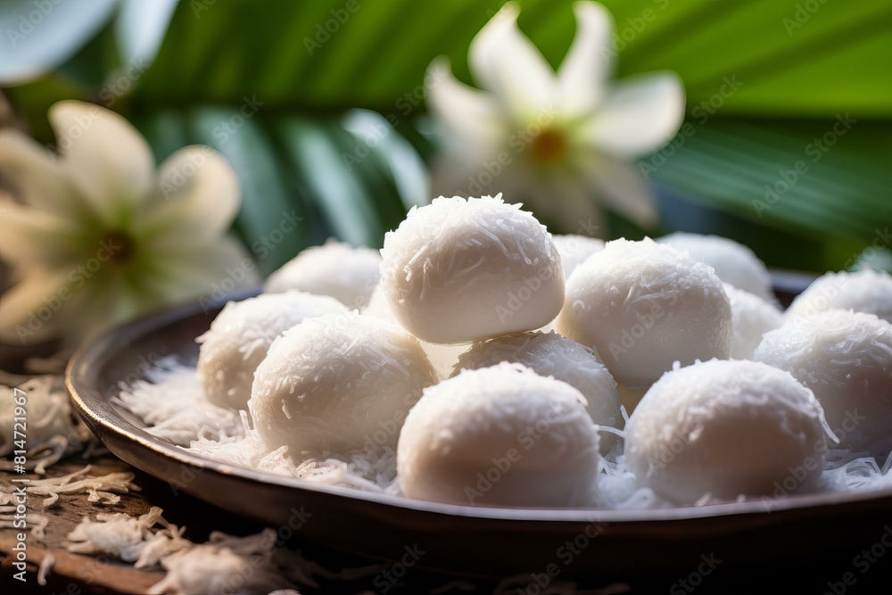 Close-up of white coconut sweets on a plate, adorned with fragrant tropical plumeria flowers
