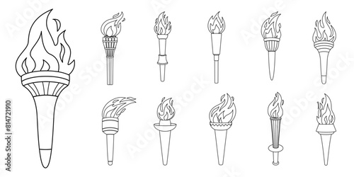 Torch with flame doodle icon set. The symbol of victory, success or achievement. Line art various flaming torches isolated on white. Doodle style hand drawn Vector illustration