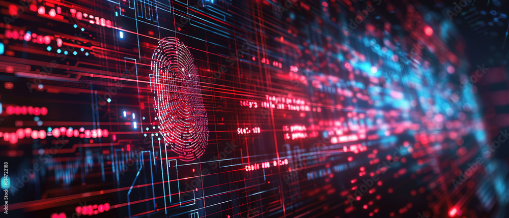 A red digital fingerprint with blue dots is displayed in the foreground against an abstract black background, surrounded by technical drawings and lines of code. 