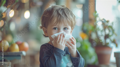 Little boy is sneezing and holding a tissue to his nose
